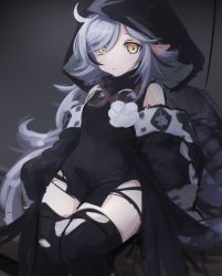 Rule 34 | 1girl, arknights, bare shoulders, black dress, black thighhighs, breasts, closed mouth, copyright request, crocodilian tail, dot nose, dress, grey hair, highres, hood, hood up, klaius, long hair, looking at viewer, off shoulder, pointy ears, short dress, sitting, small breasts, solo, tail, thighhighs, tomimi (arknights), very long hair, yellow eyes
