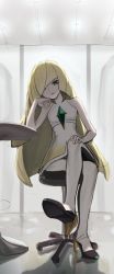 Rule 34 | 1girl, absurdres, apopo, bare arms, bare shoulders, blonde hair, breasts, commentary request, creatures (company), crossed legs, dress, eyeliner, from below, game freak, green eyes, hair over one eye, hand on own knee, head tilt, high heels, highres, indoors, lipstick, long hair, looking at viewer, lusamine (pokemon), makeup, nintendo, open mouth, pale skin, pokemon, pokemon sm, red lips, sitting, sketch, sleeveless, sleeveless dress, small breasts, smile, smirk, solo, stool, table, very long hair, white dress, white legwear