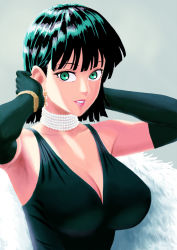 Rule 34 | 1girl, ahoge, amasokimih, armpits, bare shoulders, black dress, black hair, blush, breasts, dark green hair, dress, earrings, eyebrows hidden by hair, female focus, formal, fubuki (one-punch man), fur scarf, gloves, green eyes, highres, jewelry, large breasts, looking at viewer, necklace, one-punch man, short hair, simple background, smile, solo, upper body, white background