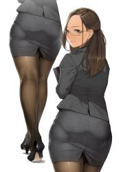 Rule 34 | 1girl, arm support, ass, back, black footwear, book, breasts, brown eyes, brown hair, brown pantyhose, closed mouth, commentary request, desk, earrings, fine fabric emphasis, fingernails, forehead, formal, glasses, grey jacket, grey skirt, high heels, highres, holding, holding book, jacket, jewelry, light smile, long hair, looking at viewer, miniskirt, miru tights, multiple views, office lady, okuzumi yuiko, on desk, open book, open mouth, original, pantyhose, pantylines, parted bangs, pencil skirt, semi-rimless eyewear, shirt, sidelocks, simple background, skirt, skirt suit, smug, standing, suit, teacher, thighs, under-rim eyewear, walking, white background, white shirt, yomu (sgt epper)