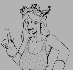 Rule 34 | 1girl, bare shoulders, boku no hero academia, breasts, cleavage, collarbone, gloves, goggles, goggles on head, hatsume mei, large breasts, looking at viewer, medium hair, open mouth, ragingbarbarians, sleeveless, smile, solo, symbol-shaped pupils, tank top, unusual pupils