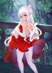 Rule 34 | + +, 1girl, :o, alternate costume, ass, azur lane, backless dress, backless outfit, bare back, bare shoulders, blue eyes, clothes lift, day, dress, dress lift, elbow gloves, from behind, gloves, hair bun, highres, le malin (azur lane), lifted by self, long hair, looking at viewer, looking back, mikawa sansen, outdoors, pantyhose, plant, railing, red dress, skirt hold, standing, strapless, strapless dress, thighband pantyhose, very long hair, wavy hair, white gloves, white pantyhose