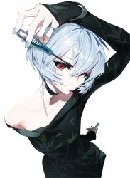 Rule 34 | 1girl, absurdres, albino, arm up, ayanami rei, bare shoulders, black choker, blue hair, blue nails, choker, dress, from above, green dress, grey hair, hair between eyes, highres, jewelry, leaf print, light blue hair, neon genesis evangelion, pale skin, parted lips, print dress, red eyes, ring, short hair, sleeves past wrists, solo, tizibade