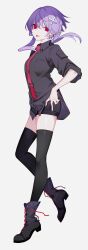 Rule 34 | 1girl, alternate eye color, black shirt, black shorts, black thighhighs, boots, closed mouth, collared shirt, commentary request, floating hair, from side, glaring, hair ornament, hand on own hip, high heel boots, high heels, highres, light purple hair, looking at viewer, looking to the side, necktie, red eyes, red necktie, shirt, short hair with long locks, short shorts, shorts, simple background, sleeves rolled up, solo, standing, standing on one leg, star-shaped pupils, star (symbol), symbol-shaped pupils, thighhighs, tie clip, tongue, tongue out, untied footwear, v-shaped eyebrows, vocaloid, voiceroid, white background, x hair ornament, yodare (3yami8), yuzuki yukari
