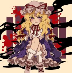Rule 34 | 1girl, arm support, blonde hair, blood, blood splatter, blush, bow, commentary request, dress, elbow gloves, feet out of frame, gloves, hair bow, hat, hat ribbon, highres, knees up, long hair, looking at viewer, mob cap, neck ribbon, nezu no ki, open mouth, outline, panties, pantyshot, pink hat, puffy short sleeves, puffy sleeves, purple dress, purple eyes, purple panties, red ribbon, ribbon, short sleeves, sitting, socks, solo, straight-on, touhou, underwear, wavy hair, white gloves, white socks, yakumo yukari