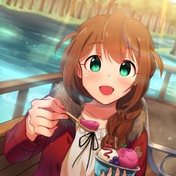 Rule 34 | 1girl, aqua eyes, baba konomi, blush, braid, brown hair, collarbone, holding, holding spoon, idolmaster, idolmaster million live!, kamille (vcx68), long hair, long sleeves, looking at viewer, open mouth, outdoors, smile, solo, spoon
