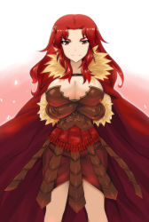 Rule 34 | 1girl, armor, armored dress, breasts, butter-t, cleavage, crossed arms, fate/stay night, fate/zero, fate (series), faulds, gender request, genderswap, huge breasts, iskandar (fate), large breasts, long hair, pteruges, red eyes, red hair, vambraces