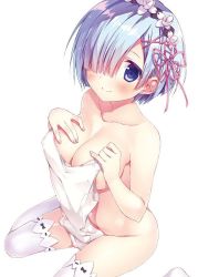Rule 34 | 1girl, areola slip, artist request, blue eyes, blue hair, blush, breasts, cleavage, covering privates, hair ornament, hair over one eye, large breasts, looking at viewer, no bra, no panties, nude, nude cover, one-piece swimsuit, re:zero kara hajimeru isekai seikatsu, rem (re:zero), short hair, simple background, sitting, smile, solo, swimsuit, thighhighs, unworn swimsuit, white background, white one-piece swimsuit, white thighhighs