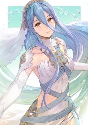 Rule 34 | 1girl, azura (fire emblem), blue hair, closed mouth, collarbone, commentary request, dancing, detached collar, detached sleeves, dress, fire emblem, fire emblem fates, fire emblem heroes, hair between eyes, hakou (barasensou), highres, long hair, looking at viewer, nintendo, smile, veil, water, white dress, yellow eyes