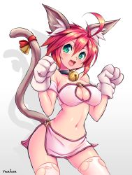 Rule 34 | 1girl, :d, ahoge, animal ears, animal hands, artist name, bell, black neckwear, bow, breasts, cat ears, cat tail, choker, cleavage, cleavage cutout, clothing cutout, commentary request, gloves, green eyes, highres, jingle bell, looking at viewer, medium breasts, messy hair, midriff, miniskirt, navel, o-ring, open mouth, original, paw gloves, paw pose, ranken, red bow, red hair, shadow, short hair, simple background, skirt, smile, solo, tail, tail bell, tail bow, tail ornament, thighhighs, torn clothes, torn thighhighs, white background, white gloves, white skirt, white thighhighs, zettai ryouiki