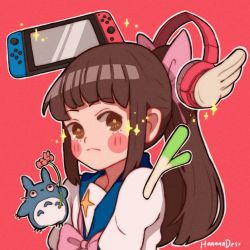 Rule 34 | 1girl, blue sailor collar, blush stickers, bow, brown eyes, brown hair, flower, game console, hair bow, hanaan, headphones, long hair, nintendo, nintendo switch, original, outline, pink bow, pink flower, pink neckwear, ponytail, sailor collar, signature, solo, sparkle, spring onion, tonari no totoro, totoro, upper body, white outline