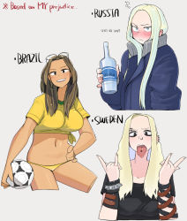 Rule 34 | 3girls, air bubble, alcohol, annoyed, ball, bikini, bikini bottom only, black eyes, black shirt, blonde hair, blue eyes, blush, bottle, bracelet, brazil, brazil (ohasi), breasts, brown eyes, brown hair, bubble, clenched teeth, commentary, cyrillic, dark-skinned female, dark skin, ear piercing, english commentary, english text, eyebrow piercing, eyewear on head, glasses, grey background, hand on own hip, highres, holding, holding bottle, jacket, jewelry, large breasts, light green hair, long hair, long sleeves, long tongue, looking at viewer, m/, midriff, multiple girls, navel, nose piercing, ohasi, open mouth, original, personification, piercing, punk, russia, russia (ohasi), shirt, short sleeves, smile, soccer ball, spiked bracelet, spikes, sweden, sweden (ohasi), swimsuit, teeth, tied shirt, tongue, tongue out, tongue piercing, vodka, yellow bikini, yellow shirt
