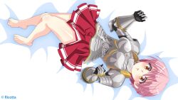 Rule 34 | 1girl, armor, artist request, blush, collaboration, feet, highres, looking at viewer, lying, magicami, official art, open mouth, pink hair, red skirt, ricotta, short hair, skirt, thighs, walkure romanze, yellow eyes, yuwase cocoa