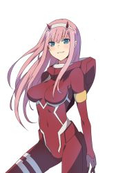 Rule 34 | 10s, 1girl, arms at sides, bad id, bad pixiv id, blue eyes, blush, bodysuit, breasts, darling in the franxx, hair between eyes, horns, large breasts, long hair, looking at viewer, parted lips, pink hair, red bodysuit, simple background, smile, solo, ururu, very long hair, white background, zero two (darling in the franxx)