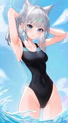 Rule 34 | 1girl, animal ear fluff, animal ears, armpits, arms behind head, arms up, bare arms, bare shoulders, black one-piece swimsuit, blue archive, blue eyes, breasts, competition swimsuit, covered navel, cowboy shot, day, extra ears, gluteal fold, grey hair, groin, halo, highleg, highleg swimsuit, highres, long hair, looking at viewer, medium breasts, mismatched pupils, official alternate costume, one-piece swimsuit, outdoors, parted lips, ponytail, pupy exe, shiroko (blue archive), shiroko (swimsuit) (blue archive), solo, standing, swimsuit, thighs, wading, water, wet, wet clothes, wet swimsuit, wolf ears