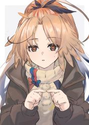 Rule 34 | 1girl, arknights, beige sweater, black jacket, bow, commentary, feather hair, fingers together, highres, jacket, konota ko, long hair, looking at viewer, mole, mole under eye, open clothes, open jacket, orange eyes, orange hair, pinecone (arknights), ponytail, solo, upper body