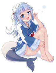 1girl, :d, absurdres, bangs, barefoot, blue eyes, blue hoodie, blue nails, blunt bangs, claw pose, collarbone, commentary, cross-laced clothes, eyebrows visible through hair, feet, fish bone, fish tail, flat chest, full body, gawr gura, gradient clothes, hair ornament, highres, hololive, hololive english, hood, hoodie, knees up, light blush, long hair, looking at viewer, multicolored hair, nail polish, open mouth, panties, pink panties, shark hair ornament, shark tail, sharp teeth, shinno, silver hair, simple background, sitting, smile, solo, streaked hair, tail, teeth, two side up, underwear, virtual youtuber, white background, wide sleeves