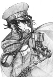 Rule 34 | 1girl, absurdres, amputee, belt, cloak, gloves, greyscale, gun, hair between eyes, hat, hatching (texture), highres, holding, holding gun, holding weapon, hood, hooded cloak, huge filesize, looking at viewer, medium hair, monochrome, original, parted lips, savuxan, sheath, sheathed, simple background, smile, solo, sword, uniform, weapon, white background