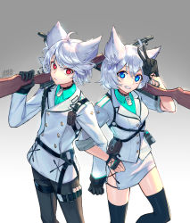 Rule 34 | 1boy, 1girl, ahoge, animal ears, artist name, black collar, black gloves, black pants, black thighhighs, blue eyes, buttons, canata katana, closed mouth, collar, commentary request, eyelashes, gloves, grey background, gun, hair between eyes, hand on own hip, hand up, harness, holding, holding gun, holding weapon, holster, jacket, locked arms, long sleeves, looking at viewer, military, military uniform, original, pants, red eyes, shiny skin, short hair, side slit, silver hair, skirt, sleeves rolled up, teeth, thighhighs, uniform, v, weapon, white jacket, white skirt