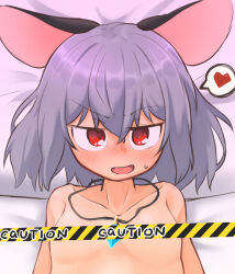 Rule 34 | 1girl, animal ears, blush, breasts, caution tape, censored, commentary request, completely nude, crystal, greenpiecerice, grey hair, hair between eyes, heart, jewelry, looking at viewer, medium bangs, mouse ears, mouse girl, nazrin, nose blush, nude, open mouth, pendant, pillow, red eyes, short hair, small breasts, smile, solo, spoken heart, tape censor, touhou, upper body
