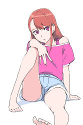 Rule 34 | 1girl, akinbo (hyouka fuyou), arm support, asymmetrical bangs, bare legs, barefoot, blue shorts, brown hair, earrings, highres, hijiri ageha, hirogaru sky! precure, jewelry, long hair, looking at viewer, off-shoulder shirt, off shoulder, open mouth, pink shirt, precure, red eyes, ring, shirt, short shorts, short sleeves, shorts, simple background, sitting, solo, white background