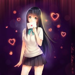 Rule 34 | 1girl, black hair, bow, covering own mouth, green eyes, heart, highres, letter, long hair, looking at viewer, love letter, original, pleated skirt, school uniform, shirt, short sleeves, skirt, solo, sweater vest, thighhighs, tidsean, very long hair, vest, white thighhighs, zettai ryouiki