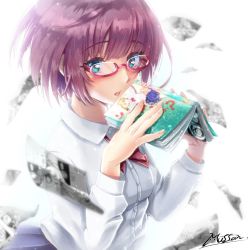 Rule 34 | 1girl, amatani mutsu, aqua eyes, artist name, blush, bow, bowtie, brown hair, commentary, glasses, looking at viewer, manga (object), mussan, parted lips, pleated skirt, red-framed eyewear, red bow, red bowtie, school uniform, shirt, short hair, signature, skirt, solo, sounan desuka?, upper body, white background, white shirt