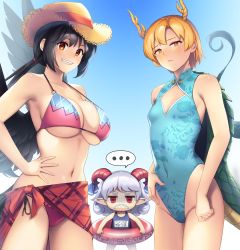Rule 34 | ..., 3girls, adapted costume, bare arms, bare shoulders, bikini, black hair, blonde hair, blue background, blue one-piece swimsuit, breasts, cleavage cutout, clothes writing, clothing cutout, commentary request, covered navel, cowboy shot, feathered wings, floral print, grey hair, hat, head tilt, highres, horns, innertube, kicchou yachie, kurokoma saki, large breasts, long hair, low ponytail, multiple girls, navel, one-piece swimsuit, red eyes, sarong, spoken ellipsis, standing, stomach, straw hat, swim ring, swimsuit, tail, tarmo, thighs, touhou, toutetsu yuuma, translation request, wings, yellow eyes