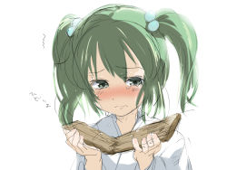 Rule 34 | 1girl, bizen, broken, face, female focus, green eyes, green hair, hair bobbles, hair ornament, kisume, matching hair/eyes, sketch, solo, tears, text focus, touhou, translated, twintails, white background, wood