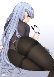 Rule 34 | 10s, 1girl, arm support, ass, ass focus, back, bad id, bad twitter id, black pantyhose, blush, crotch seam, from behind, gloves, gradient background, grey hair, highres, kantai collection, kyuuso inukami, long hair, lying, murakumo (kancolle), on side, panties, panties under pantyhose, pantyhose, solo, thighband pantyhose, twitter username, underwear, white background, white pantyhose, yellow eyes