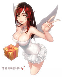 Rule 34 | 1girl, bare shoulders, breasts, choker, cleavage, dress, facial mark, fingernails, from above, frostce, gift, green eyes, hair between eyes, happy birthday, heart, highres, korean text, large breasts, lips, long fingernails, long hair, one eye closed, parted lips, red hair, ribbon choker, short dress, simple background, solo, swept bangs, v, white background, white dress, wings, wink