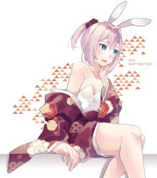 Rule 34 | 2023, absurdres, alternate costume, animal ears, blue eyes, breasts, fake animal ears, feet out of frame, hand on own face, happy new year, highres, japanese clothes, kantai collection, kimono, leotard, leotard under clothes, new year, pink hair, playboy bunny, ponytail, purple kimono, rabbit ears, shiranui (kancolle), short hair, small breasts, solo, strapless, strapless leotard, u yuz xx, white leotard