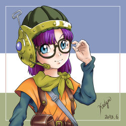 Rule 34 | 1girl, belt, blue eyes, chrono trigger, closed mouth, dated, glasses, helmet, highres, looking at viewer, lucca ashtear, purple hair, scarf, short hair, signature, smile, solo