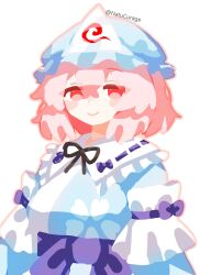 Rule 34 | 1girl, closed mouth, commentary request, highres, looking at viewer, natucurage, pink eyes, pink hair, saigyouji yuyuko, short hair, simple background, smile, solo, touhou, twitter username, upper body, white background