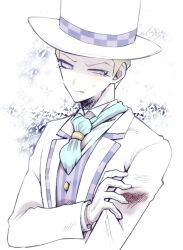 Rule 34 | 1boy, ace attorney, ashley graydon, blonde hair, blood, blue eyes, checkered clothes, collared shirt, formal, gloves, hat, holding own arm, injury, jacket, long sleeves, looking down, male focus, minashirazu, necktie, open mouth, shirt, short hair, solo, striped, suit, the great ace attorney, the great ace attorney: adventures, top hat, upper body, vest, white gloves, white shirt