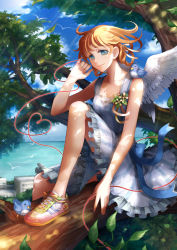 Rule 34 | angel wings, bad id, bad pixiv id, bird, blonde hair, dress, green eyes, lips, no socks, original, ribbon, ronce, shoes, sitting, smile, sneakers, solo, string, string of fate, tree, wings