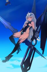 Rule 34 | 1boy, 1girl, absurdres, aircraft, battle bus (fortnite), blue sky, body markings, breasts, bus, day, family guy, fate/grand order, fate (series), highres, holding, holding weapon, hot air balloon, kowai (iamkowai), looking at viewer, melusine (fate), melusine (third ascension) (fate), midair, motor vehicle, orange eyes, outdoors, peter griffin, revealing clothes, sideboob, sky, small breasts, weapon, white hair, wings