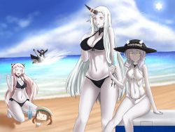 Rule 34 | 10s, 5girls, abyssal ship, airfield princess, beach, cat, cooler, day, error musume, food, girl holding a cat (kancolle), hakuduki18, hat, horns, kantai collection, long hair, multiple girls, pale skin, popsicle, re-class battleship, red eyes, seaport princess, short hair, shovel, sun, swimsuit, twintails, white hair, wo-class aircraft carrier, worktool, yellow eyes