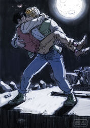 Rule 34 | 2boys, arms around neck, bad id, bad tumblr id, bara, black hair, blonde hair, blush, carrying, closed eyes, collared shirt, couple, cris art, denim, full body, full moon, heart, hulkling, jeans, kiss, leaning forward, male focus, marvel, moon, moonlight, multiple boys, pants, pectorals, princess carry, shirt, shoes, short hair, sideburns, sneakers, standing, thick eyebrows, wiccan, yaoi