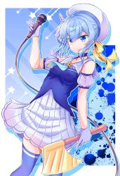 Rule 34 | 1girl, ascot, axe, bare shoulders, beret, blue ascot, blue choker, blue eyes, blue gloves, blue hair, blue sailor collar, blue shirt, blue thighhighs, border, choker, drop shadow, gloves, hat, highres, holding, holding axe, holding microphone, hololive, hoshimachi suisei, microphone, pleated skirt, ribbon, sailor collar, sakkin, shirt, skirt, solo, splatter, star (symbol), star in eye, symbol in eye, thighhighs, virtual youtuber, white border, white hat, white skirt, yellow ribbon