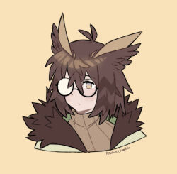 Rule 34 | 1girl, antenna hair, arkiwi, arknights, brown hair, brown shirt, cropped torso, fur-trimmed jacket, fur trim, highres, jacket, open clothes, open jacket, owl ears, portrait, ribbed shirt, semi-rimless eyewear, shirt, short hair, silence (arknights), silence (frosted breath) (arknights), simple background, solo, under-rim eyewear, yellow background, yellow eyes
