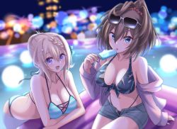 Rule 34 | 2girls, absurdres, alternate costume, ass, bikini, blonde hair, blue eyes, braid, braided bun, breasts, brown hair, butt crack, camouflage, camouflage bikini, cleavage, collarbone, eyewear on head, food, green ribbon, hair bun, hair ornament, hair ribbon, hairpin, highres, inflatable raft, kantai collection, large breasts, long hair, messy hair, multiple girls, navel, official alternate costume, open fly, partially submerged, perth (kancolle), pool, popsicle, purple eyes, ribbon, sheffield (kancolle), shorts, stomach, striped bikini, striped clothes, suke (share koube), sunglasses, swimsuit, tongue, tongue out