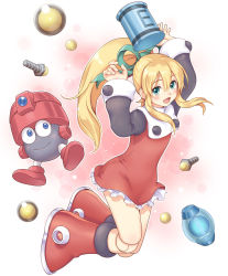 Rule 34 | 1girl, android, blonde hair, bolt (hardware), boots, doll joints, eddie (mega man), energy tank, green eyes, hair ribbon, highres, joints, knee boots, long hair, long sleeves, mega man (classic), mega man (series), ponytail, ribbon, robot, roll (mega man), skirt, toshi, wide sleeves