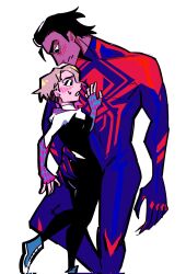 Rule 34 | 1boy, 1girl, black eyes, blonde hair, blue bodysuit, blue footwear, blue gloves, blush, bodysuit, brown hair, fingerless gloves, gloves, gwen stacy, hair behind ear, hand on another&#039;s chest, hetero, highres, looking down, marvel, miguel o&#039;hara, muscular, muscular male, pink gloves, rhubarb (baddreamdiary), shoes, short hair, size difference, sneakers, spider-gwen, spider-man: across the spider-verse, spider-man (2099), spider-man (series), spider-verse, white background