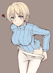 Rule 34 | 1girl, blonde hair, blue eyes, blush, brave witches, brown background, clothes pull, highres, looking at viewer, momiji7728, nikka edvardine katajainen, pantyhose, short hair, simple background, solo, squiggle, tears, torn clothes, undressing, wavy mouth, world witches series