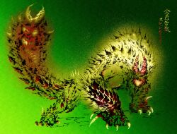 Rule 34 | absurdres, apex zinogre, calligraphy, chin spike, claws, deadpool yuchan, full body, glowing, glowing mouth, gradient background, green background, green scales, green theme, highres, horns, monster hunter (series), monster hunter rise, open mouth, pointy ears, red eyes, sharp teeth, solo, spiked tail, spikes, standing, tail, tail raised, teeth, yellow fur, zinogre