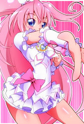 Rule 34 | 1girl, blue eyes, bow, brooch, cosplay, cure melody, cure rhythm, cure rhythm (cosplay), frilled skirt, frills, heart, heart brooch, highres, houjou hibiki, jewelry, long hair, looking at viewer, outstretched hand, pink background, pink bow, pink hair, precure, ryuuta (cure ryuuta), shiny skin, skirt, smile, solo, suite precure, white skirt, wrist cuffs
