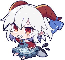 Rule 34 | 1girl, blush, chibi, earrings, grey hair, grin, highres, holding, holding spoon, horns, jewelry, looking at viewer, oil, parted lips, pointy ears, red eyes, sharp teeth, short hair, smile, solo, spoon, teeth, touhou, toutetsu yuuma, transparent background, yoriteruru