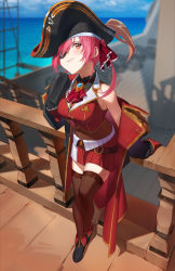 Rule 34 | 1girl, arm support, arrow through heart, ascot, bad kim, bare shoulders, belt, bicorne, black hat, blurry, blurry background, blush, breast pocket, breasts, brooch, cleavage, coat, day, eyepatch, hair over one eye, hand up, hat, head tilt, highres, hololive, houshou marine, impossible clothes, impossible vest, jewelry, leaning forward, leotard, leotard under clothes, long sleeves, looking at viewer, medium breasts, medium hair, microskirt, midriff, navel, ocean, off shoulder, on railing, one eye covered, open clothes, open coat, outdoors, pink hair, pirate, pirate hat, pocket, railing, red ascot, red eyes, sailing ship, see-through, see-through cleavage, see-through leotard, ship, shoes, sitting, skirt, sleeves past fingers, sleeves past wrists, smile, solo, standing, standing on one leg, stomach, thighhighs, vest, virtual youtuber, water, watercraft, zettai ryouiki, zipper pull tab