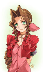 Rule 34 | 1girl, aerith gainsborough, arms behind back, braid, braided ponytail, braided sidelock, brown hair, buttons, choker, dress, final fantasy, final fantasy vii, gradient background, green eyes, hair ribbon, highres, jacket, looking at viewer, parted bangs, pink dress, pink ribbon, red jacket, ribbon, serieru (summertosuika), short sleeves, sidelocks, signature, smile, solo, upper body